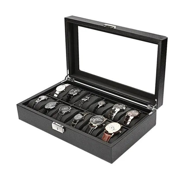 Black Luxury Carbon Fiber 12 Slot Watch Box - Sashays Jewelry