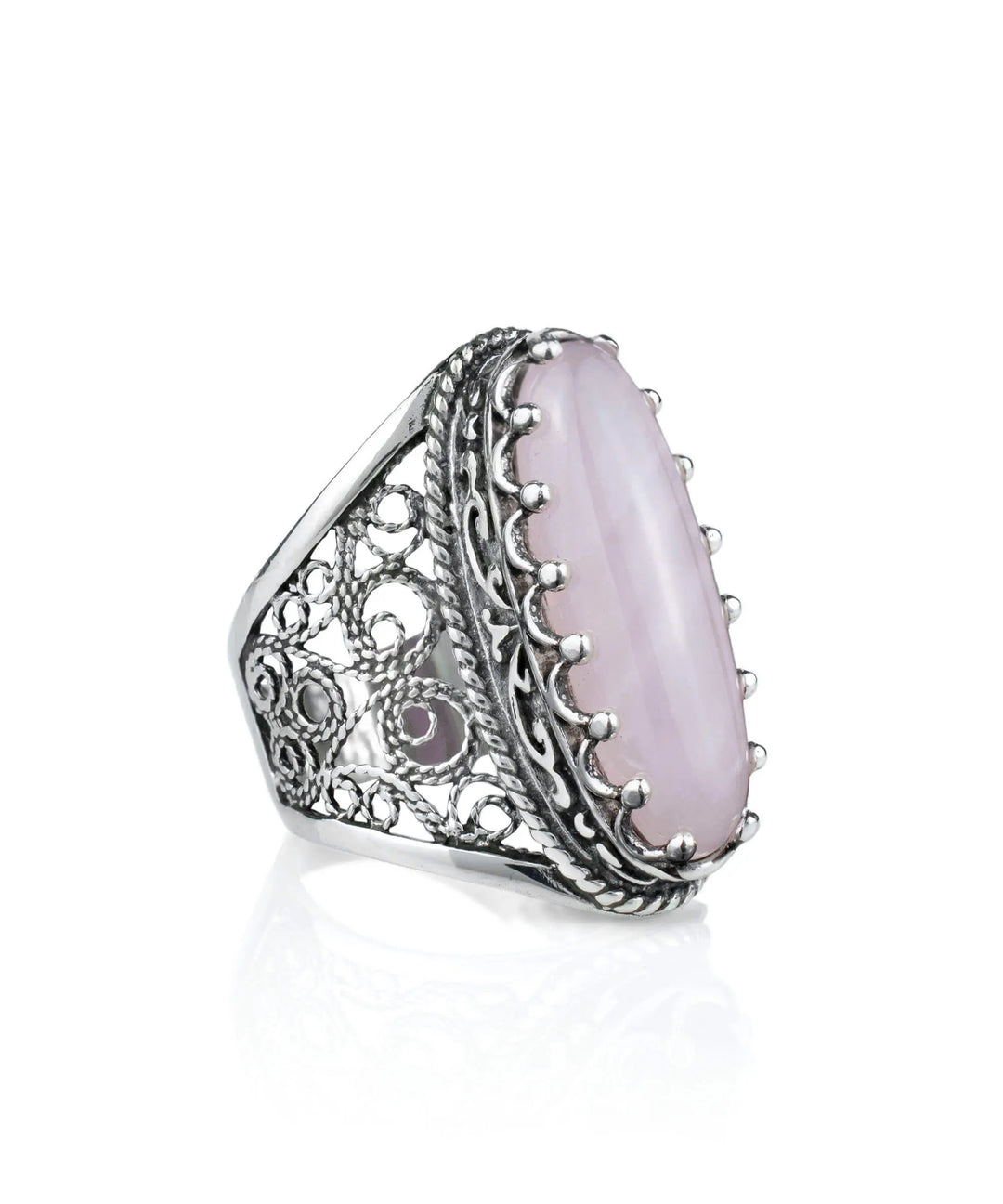 Filigree Art Rose Quartz Gemstone Women Silver Long Statement Ring Scarlet Corydalis