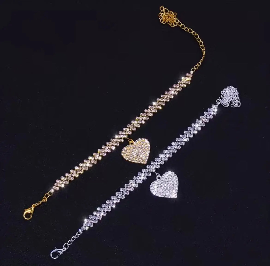 Dazzling Rhinestone Heart-Shaped Anklet Gold-Tone or Silver-Tone Sashays Jewelry