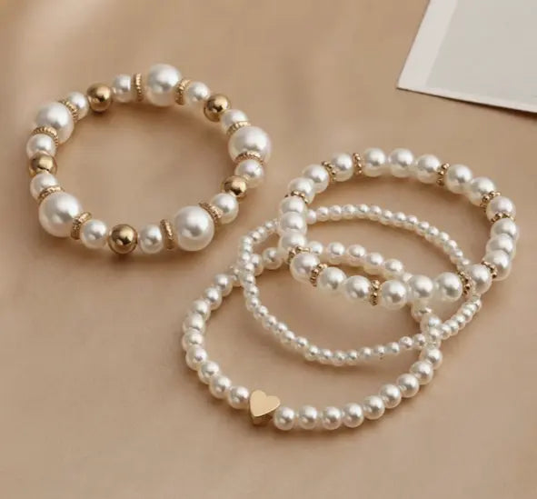 Charming 4 Piece Beaded Faux Pearl Bracelet Set with Golden Accents Sashays Jewelry