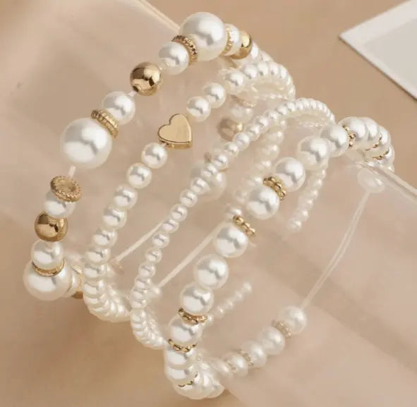 Charming 4 Piece Beaded Faux Pearl Bracelet Set with Golden Accents Sashays Jewelry