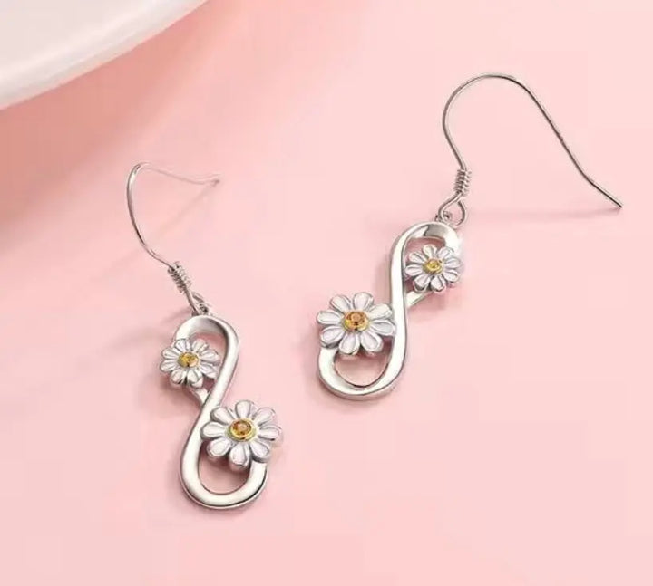 7 Flash Sale! Delicate Silver Tone Infinity Symbol with Daisies Hook Earrings Sashays Jewelry