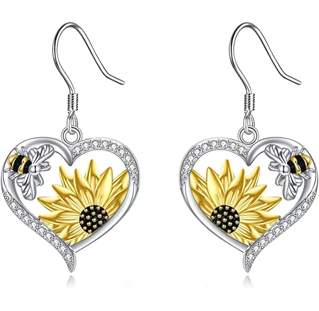 10 FLASH SALE! Fun Silver Tone Heart Shape with Sunflower and Bee Rhinestone Dangle Hook Earrings Sashays Jewelry