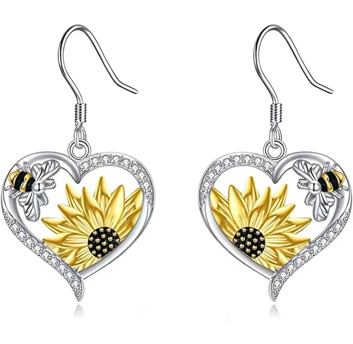 10 FLASH SALE! Fun Silver Tone Heart Shape with Sunflower and Bee Rhinestone Dangle Hook Earrings Sashays Jewelry