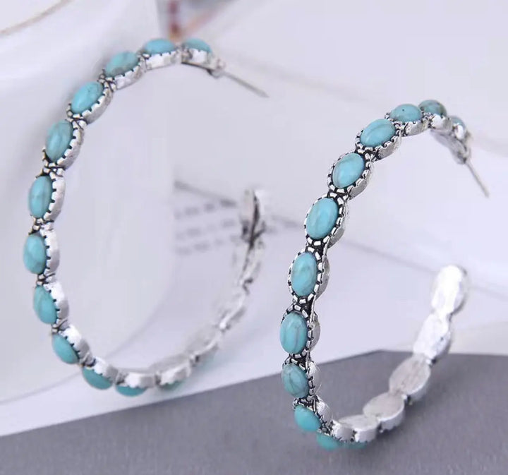 Silver Plated Turquoise Blue Bohemian Style Metal Hoops  FLASH SALE! Sashays Jewelry