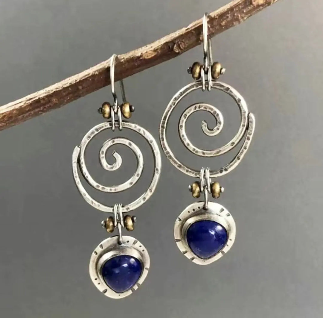FLASH SALE!#4 Blue Lapis Lazuli Silver tone Spiral Earrings Sashays Jewelry