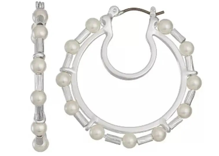 Silver Tone Simulated Pearl Double-Row Hoop Earrings by Napier Sashays Jewelry