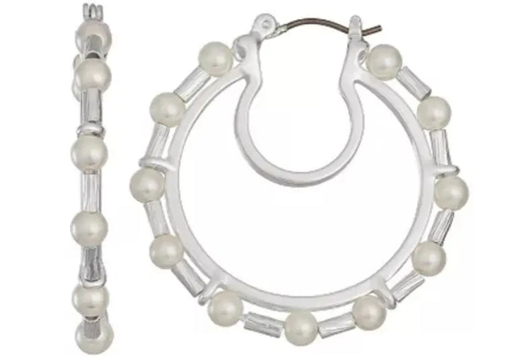 Silver Tone Simulated Pearl Double-Row Hoop Earrings by Napier Sashays Jewelry