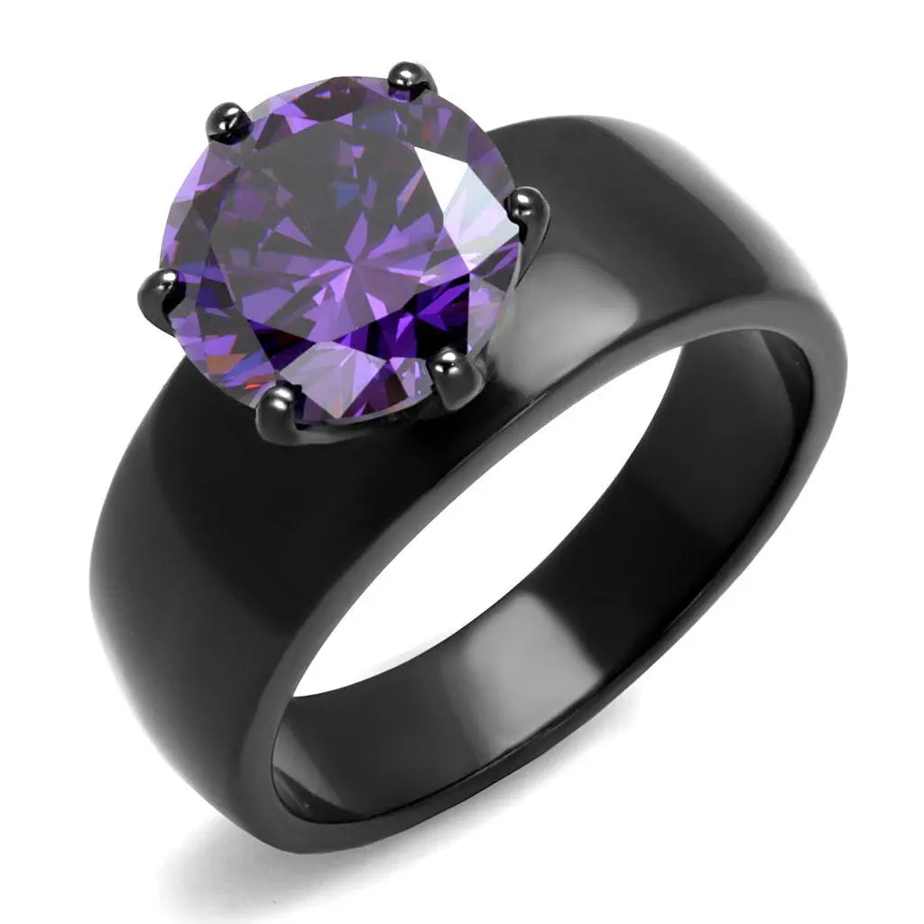 Black Stainless Steel Cubic Zirconia Amethyst Solitaire Ring - Sashays Jewelry