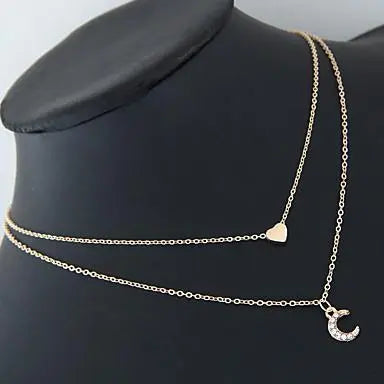 Moon and Heart Two Layer Necklace - Sashays Jewelry