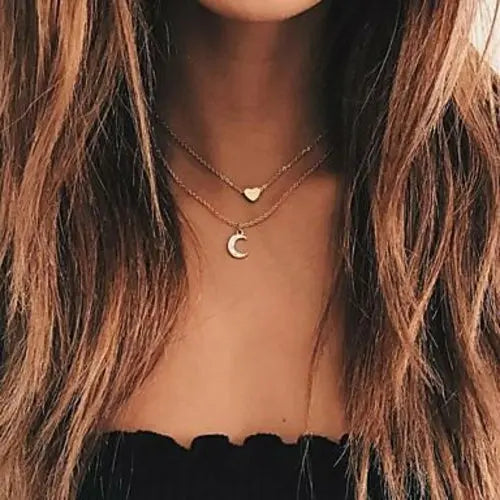 Moon and Heart Two Layer Necklace - Sashays Jewelry