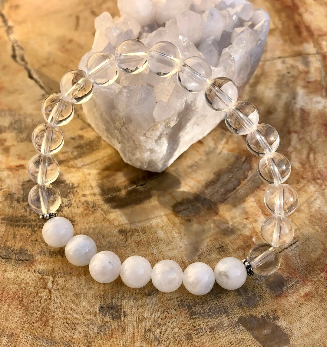 Rainbow Moonstone & Crystal Quartz Stretch Bracelet with Genuine Crystals - Sashays Jewelry