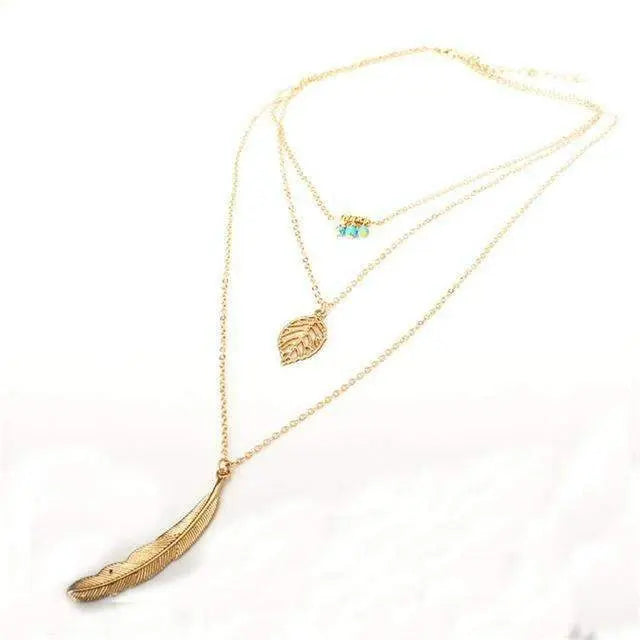 Turquoise Leaf Feather Multi Layer Necklace - Sashays Jewelry