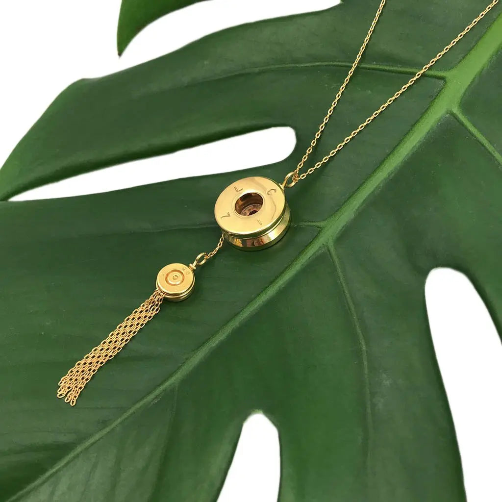 Recycled Bomb and Bullet Gold Plated Bullet Tassel Necklace - Sashays Jewelry
