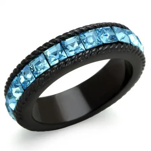 Stainless Steel IP Black Ring with Sea Blue Top Grade Crystal Center Stone Sashays Jewelry