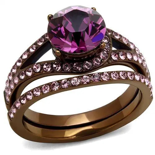 Amethyst-colored Crystal on Light Coffee Stainless Steel Ring with Top Grade - Sashays Jewelry