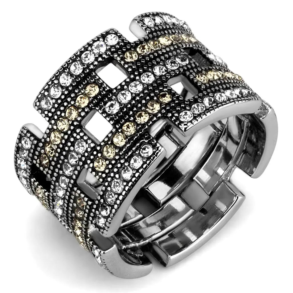 Illusion Stack Stainless Steel Ring with Colorless and Champagne CZ Sashays Jewelry