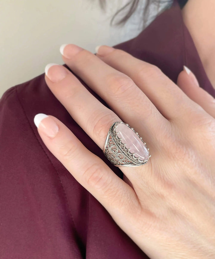 Filigree Art Rose Quartz Gemstone Women Silver Long Statement Ring Scarlet Corydalis