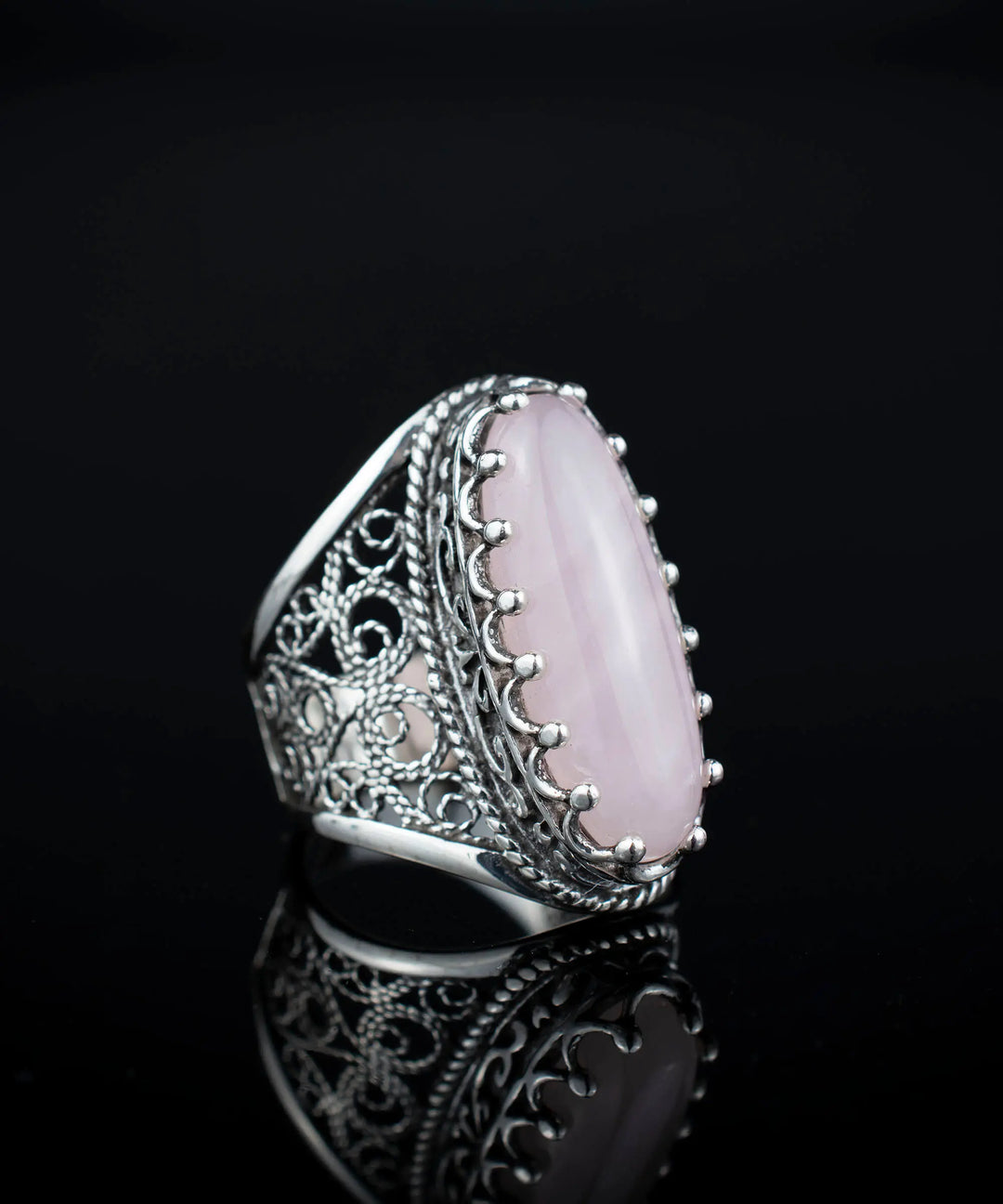 Filigree Art Rose Quartz Gemstone Women Silver Long Statement Ring Scarlet Corydalis