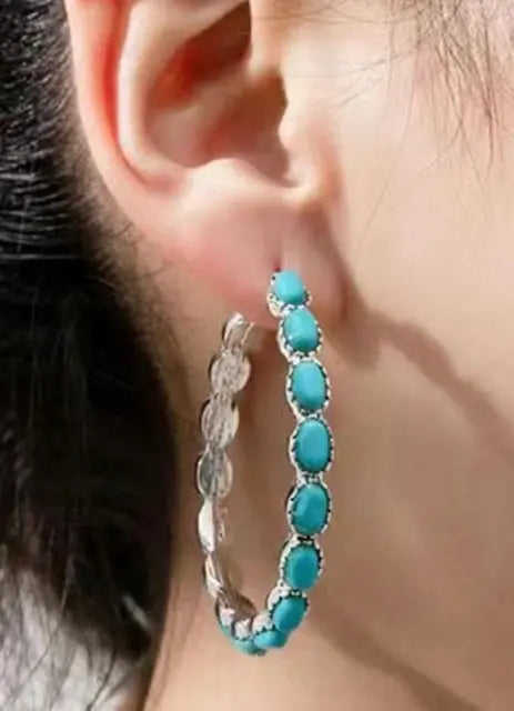 Silver Plated Turquoise Blue Bohemian Style Metal Hoops  FLASH SALE! Sashays Jewelry