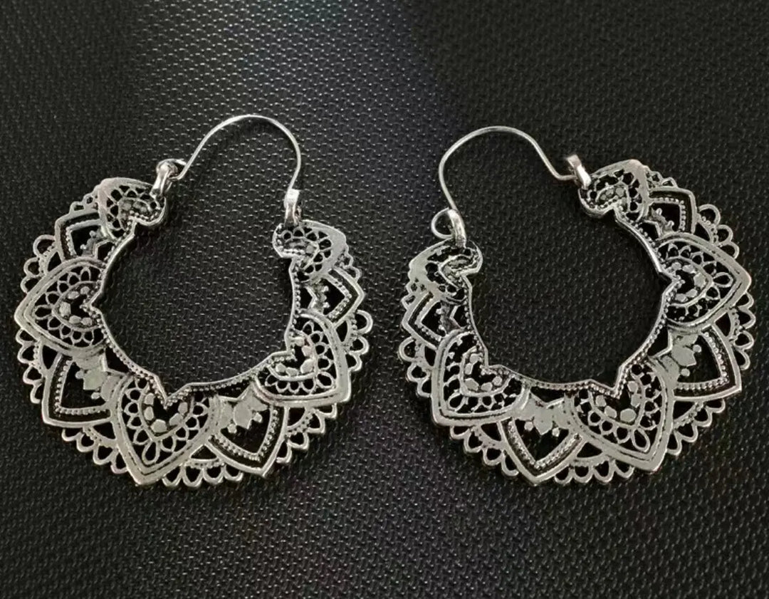 3 FLASH SALE! Mandala Style Silver-tone Heart Design Dangle 2" Hoop Earrings Sashays Jewelry