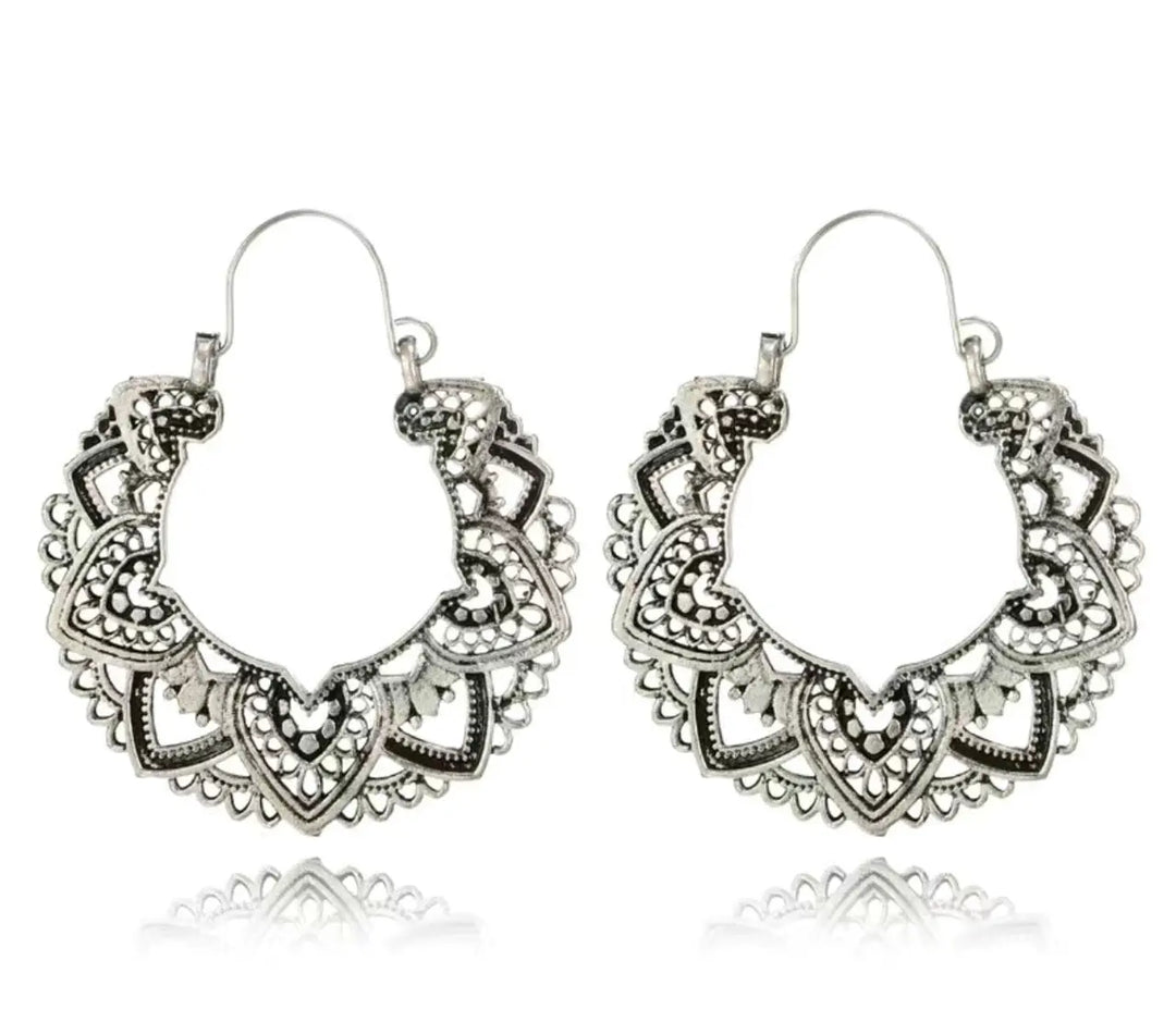 3 FLASH SALE! Mandala Style Silver-tone Heart Design Dangle 2" Hoop Earrings Sashays Jewelry