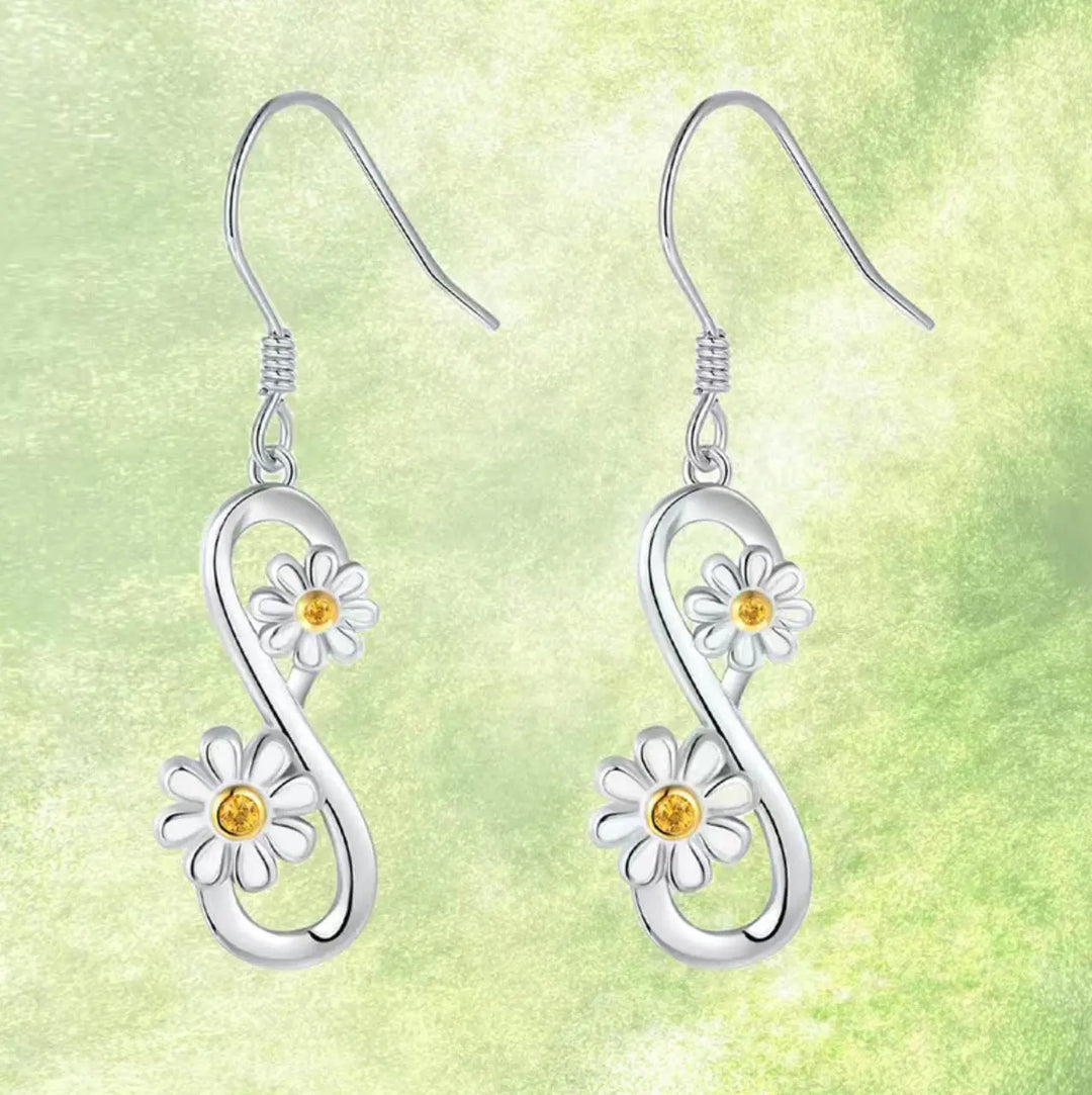 7 Flash Sale! Delicate Silver Tone Infinity Symbol with Daisies Hook Earrings Sashays Jewelry