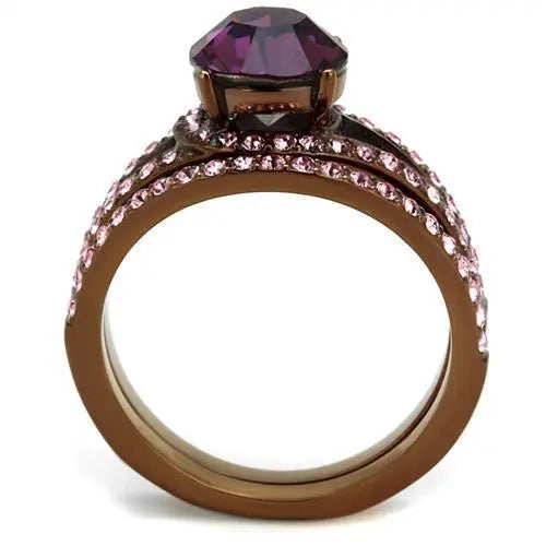 Amethyst-colored Crystal on Light Coffee Stainless Steel Ring with Top Grade - Sashays Jewelry