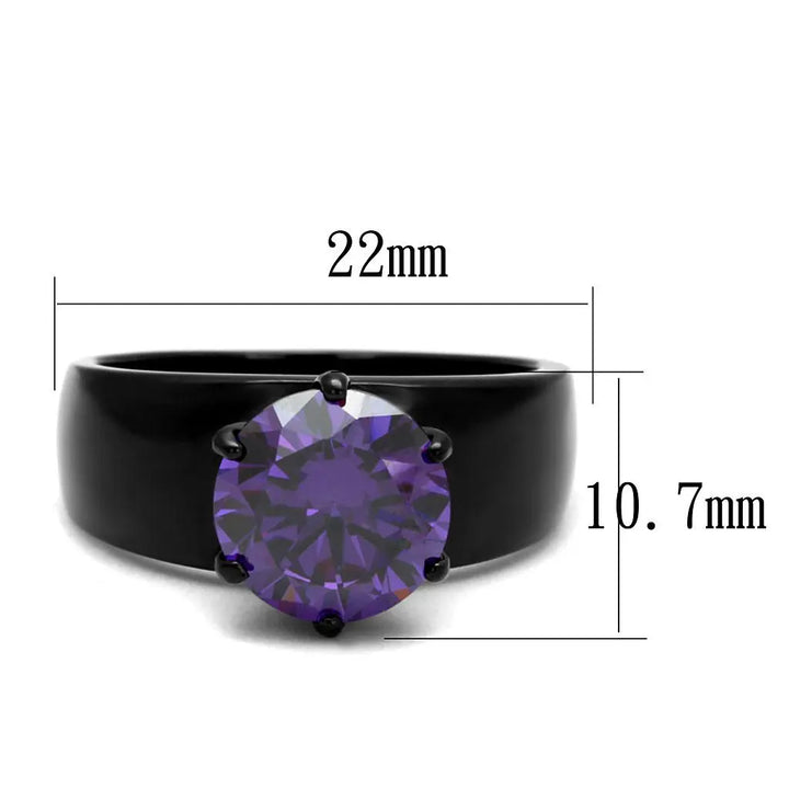 Black Stainless Steel Cubic Zirconia Amethyst Solitaire Ring - Sashays Jewelry