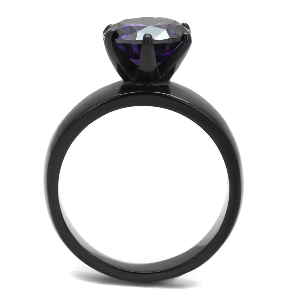 Black Stainless Steel Cubic Zirconia Amethyst Solitaire Ring - Sashays Jewelry