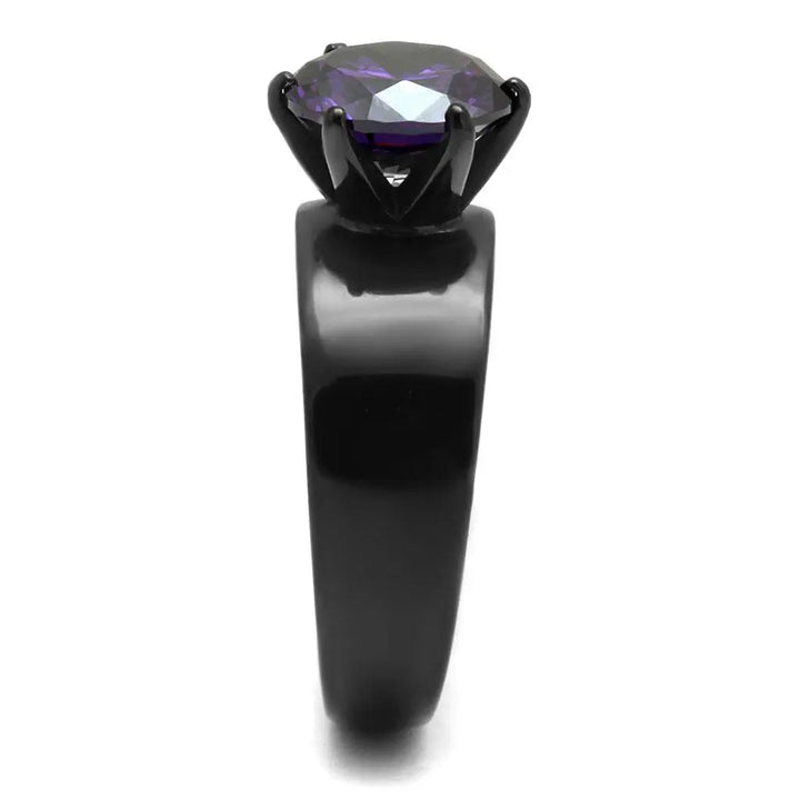 Black Stainless Steel Cubic Zirconia Amethyst Solitaire Ring - Sashays Jewelry